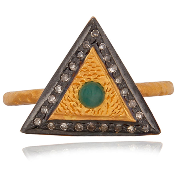 Pyramid Power Ring - Emerald - Diamonds - 18kt Gold over Sterling Silver 925